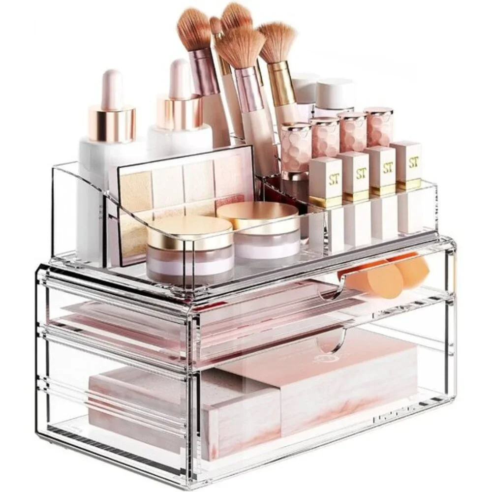 New 3-Tier Clear Makeup Organizer with Drawer, Stackable Acrylic Vanity Storage